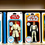 **

Vintage Star Wars Luke Skywalker action figure, mint condition in original packaging, displayed on a shelf alongside other classic 1980s action figures (He-Man, G.I. Joe). Soft, nostalgic lighting. Focus on the detail and color of the packaging and figure.

**
