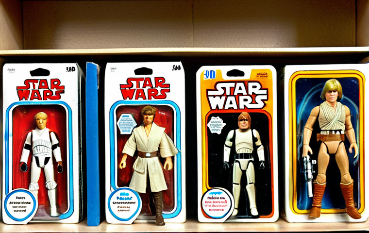 **
Vintage Star Wars Luke Skywalker action figure, mint condition in original packaging, displayed on a shelf alongside other classic 1980s action figures (He-Man, G.I. Joe). Soft, nostalgic lighting. Focus on the detail and color of the packaging and figure.
**
