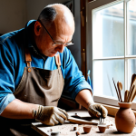 **

A ceramic artist named Markus, in his workshop filled with clay tools (wooden spatulas, wire loops, fine pointed tools). He is carefully shaping a clay figure. Modest and appropriate clothing, natural lighting from a window, focus on the artist's hands and the clay. Safe for work, professional studio environment, perfect anatomy of the sculpture (realistic but not overly detailed), well-formed hands on Markus.

**