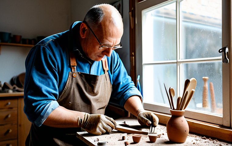 **
A ceramic artist named Markus, in his workshop filled with clay tools (wooden spatulas, wire loops, fine pointed tools). He is carefully shaping a clay figure. Modest and appropriate clothing, natural lighting from a window, focus on the artist's hands and the clay. Safe for work, professional studio environment, perfect anatomy of the sculpture (realistic but not overly detailed), well-formed hands on Markus.
**