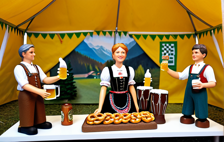Oktoberfest Diorama**
"A miniature diorama depicting a cheerful Oktoberfest scene, with fully clothed model figures in traditional Bavarian Tracht (lederhosen and dirndls), enjoying pretzels and beer steins at a fest tent table, safe for work, appropriate content, family-friendly, professional photography, perfect anatomy, correct proportions, well-formed hands, proper finger count, natural body proportions, warm lighting, detailed textures, high resolution, 8k, safe for work, appropriate attire, modest clothing, professional."
**