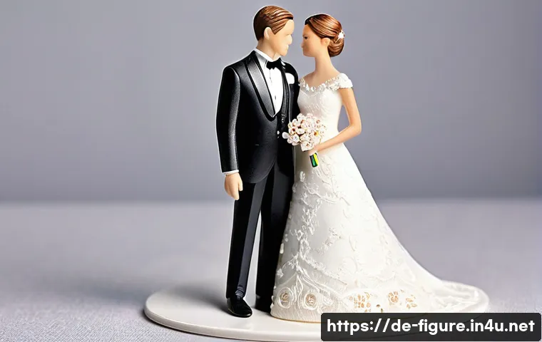 3D 스캔으로 피규어 제작하기 - **A joyful wedding couple as a highly detailed 3D miniature.** The bride is wearing an elegant white...