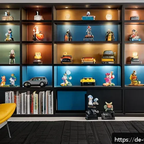 프라이즈 피규어와 고가 피규어 비교 - A cozy display shelf in a modern German living room featuring a diverse collection of affordable Pri...