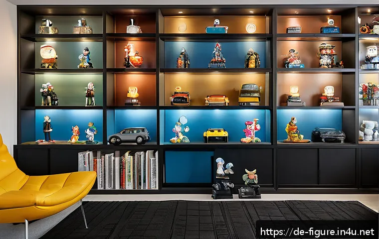 프라이즈 피규어와 고가 피규어 비교 - A cozy display shelf in a modern German living room featuring a diverse collection of affordable Pri...